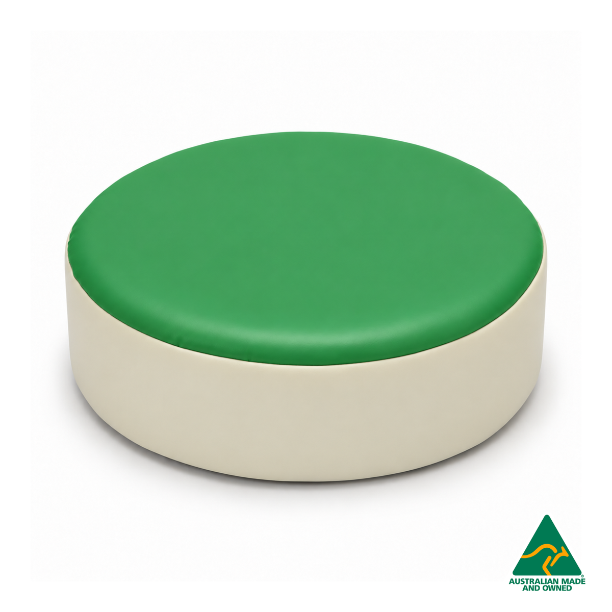 Front view of the Green Hello Comfy round foam seat pad with customisable colours and waterproof vinyl. Made in Australia for child care centres, kindergartens, schools and daycare environments.