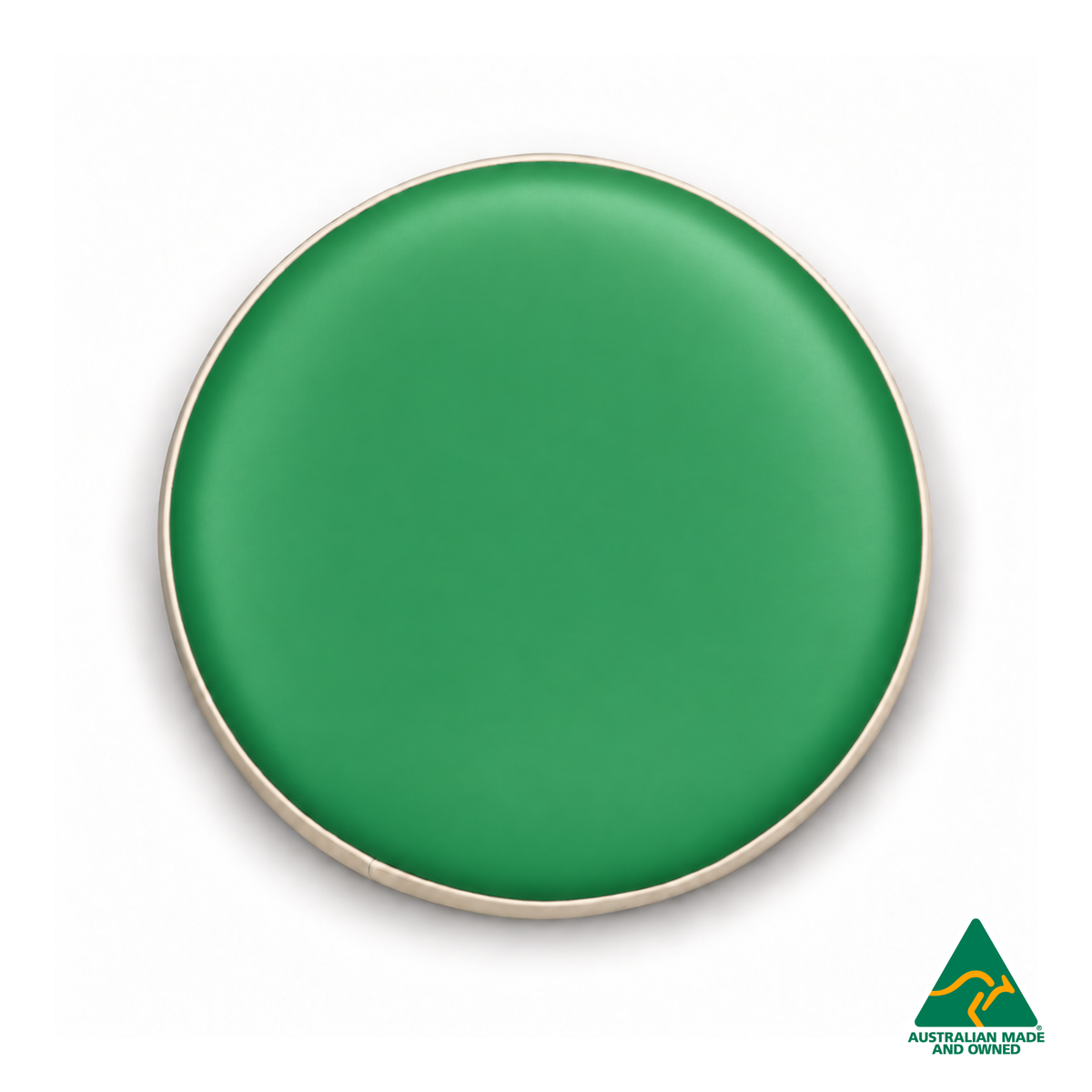 Top-down view of the Green Hello Comfy round foam seat pad with customisable colours and waterproof vinyl. Made in Australia for child care centres, kindergartens, schools and daycare environments.