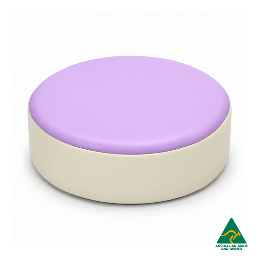 Front view of the Lavender Purple Hello Comfy round foam seat pad with customisable colours and waterproof vinyl. Made in Australia for child care centres, kindergartens, schools and daycare environments.