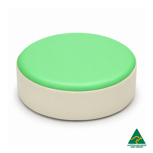 Front view of the Mint Green Hello Comfy round foam seat pad with customisable colours and waterproof vinyl. Made in Australia for child care centres, kindergartens, schools and daycare environments.