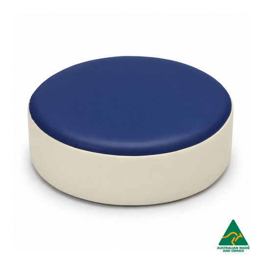 Front view of the Navy Hello Comfy round foam seat pad with customisable colours and waterproof vinyl. Made in Australia for child care centres, kindergartens, schools and daycare environments.