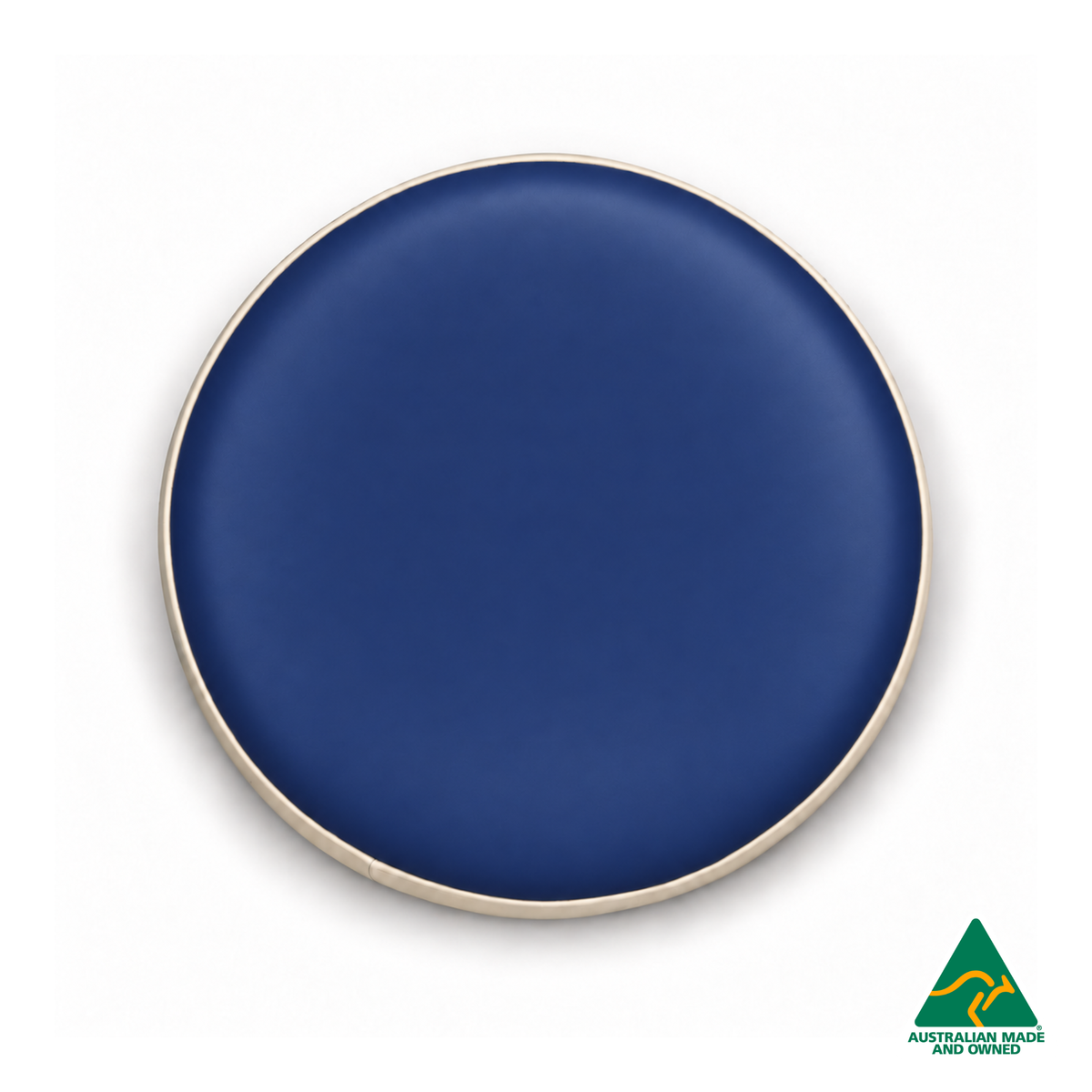 Top-down view of the Navy Hello Comfy round foam seat pad with customisable colours and waterproof vinyl. Made in Australia for child care centres, kindergartens, schools and daycare environments.