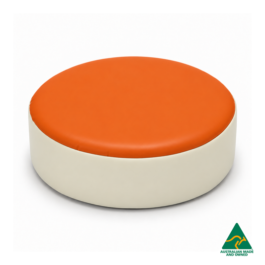 Front view of the Orange Hello Comfy round foam seat pad with customisable colours and waterproof vinyl. Made in Australia for child care centres, kindergartens, schools and daycare environments.