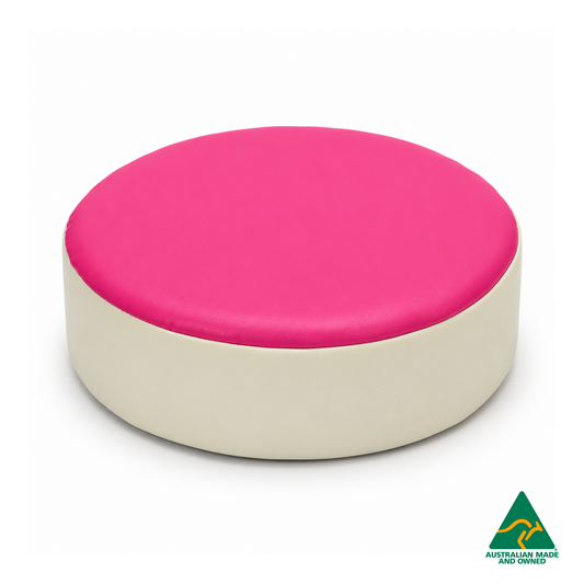 Front view of the Pink Hello Comfy round foam seat pad with customisable colours and waterproof vinyl. Made in Australia for child care centres, kindergartens, schools and daycare environments.