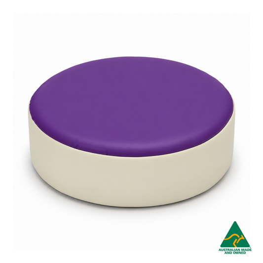 Front view of the Purple Hello Comfy round foam seat pad with customisable colours and waterproof vinyl. Made in Australia for child care centres, kindergartens, schools and daycare environments.