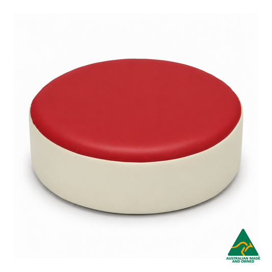 Front view of the Red Hello Comfy round foam seat pad with customisable colours and waterproof vinyl. Made in Australia for child care centres, kindergartens, schools and daycare environments.