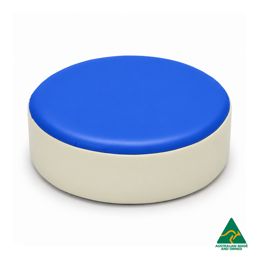 Front view of the Royal Blue Hello Comfy round foam seat pad with customisable colours and waterproof vinyl. Made in Australia for child care centres, kindergartens, schools and daycare environments.