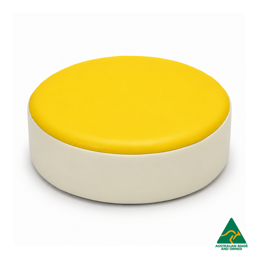 Front view of the Yellow Hello Comfy round foam seat pad with customisable colours and waterproof vinyl. Made in Australia for child care centres, kindergartens, schools and daycare environments.