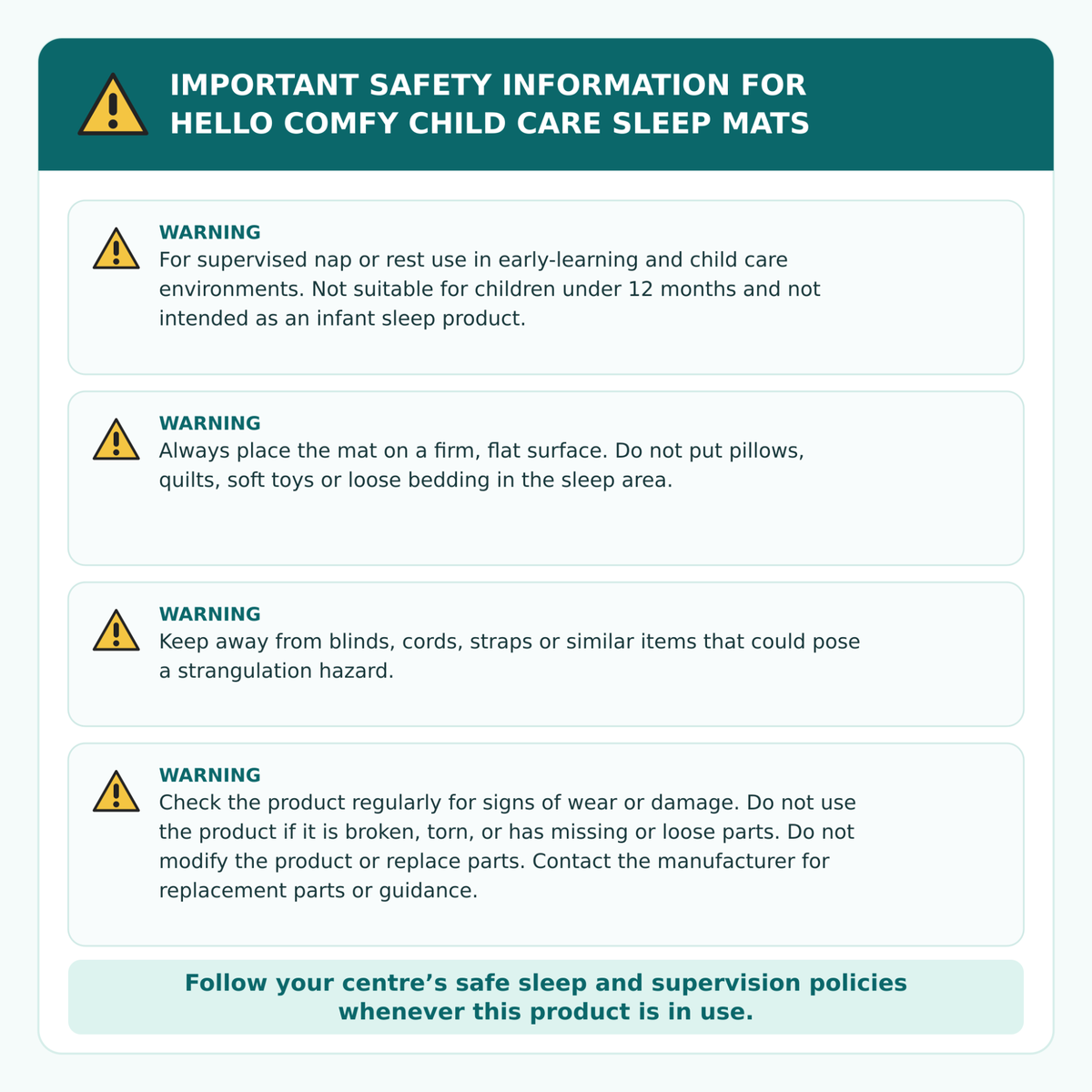 Safety warnings for the Hello Comfy Child Care Sleep Mat, covering supervised rest, ages 12 months+, firm surfaces, loose bedding and cord hazards.