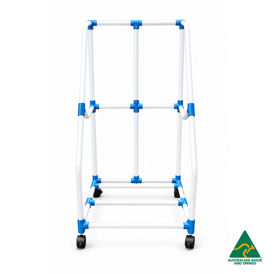 Front view of the Australian-made Hello Comfy Child Care Sleep Mat Storage Trolley, featuring a durable PVC frame, locking castor wheels and storage for up to 10 Regular or Foldable Sleep Mats.