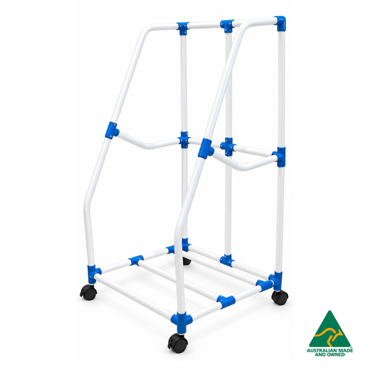 Side view of the Australian-made Hello Comfy Child Care Sleep Mat Storage Trolley, featuring a durable PVC frame, locking castor wheels and storage for up to 10 Regular or Foldable Sleep Mats.