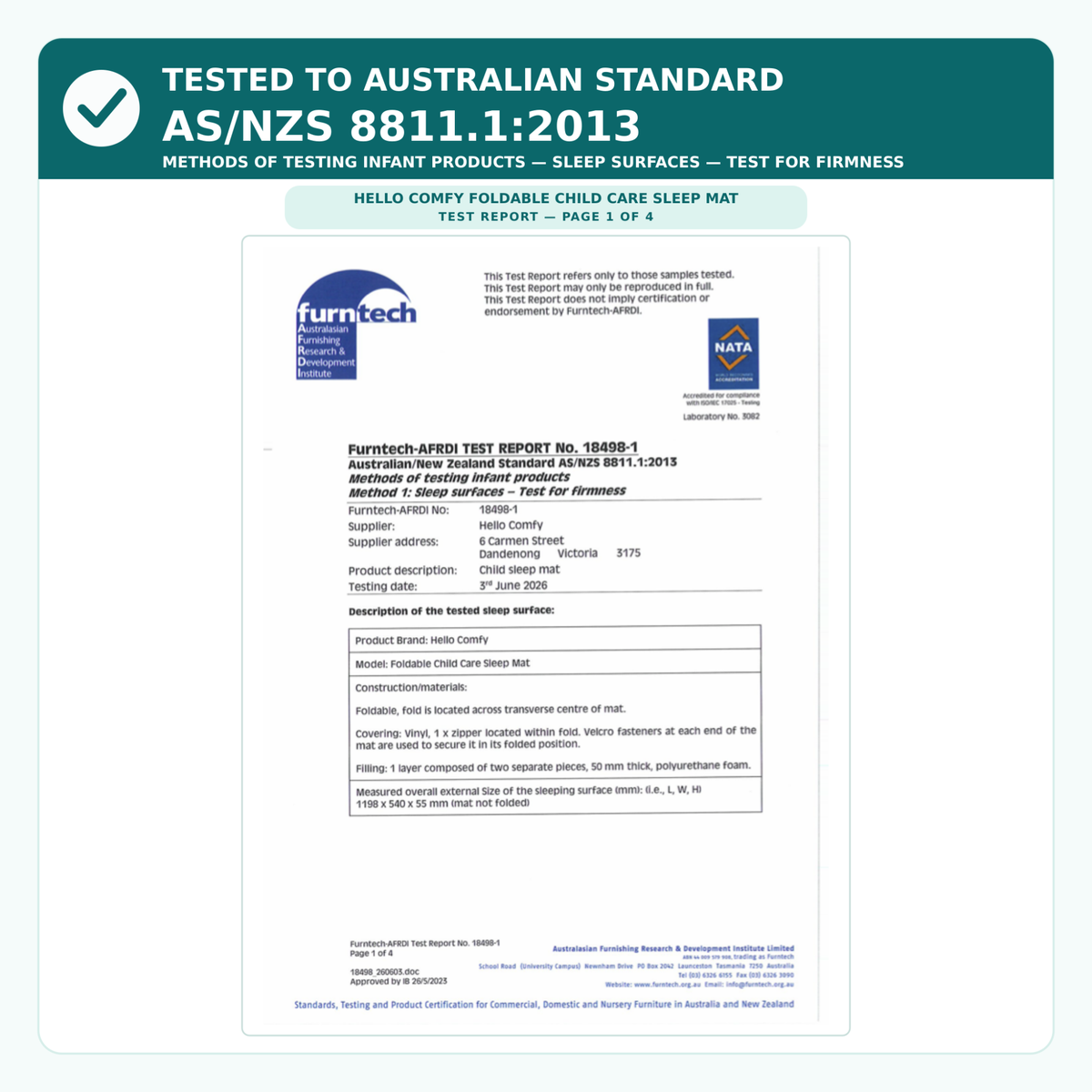 Independent safety test report for Hello Comfy Foldable Child Care Sleep Mat tested to AS/NZS 8811.1:2013 firmness standard