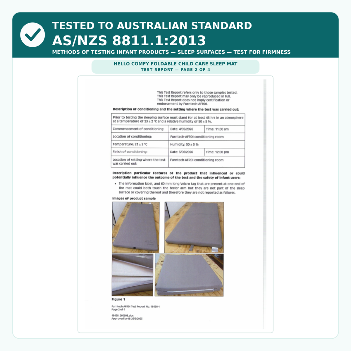 Independent safety test report for Hello Comfy Foldable Child Care Sleep Mat tested to AS/NZS 8811.1:2013 firmness standard