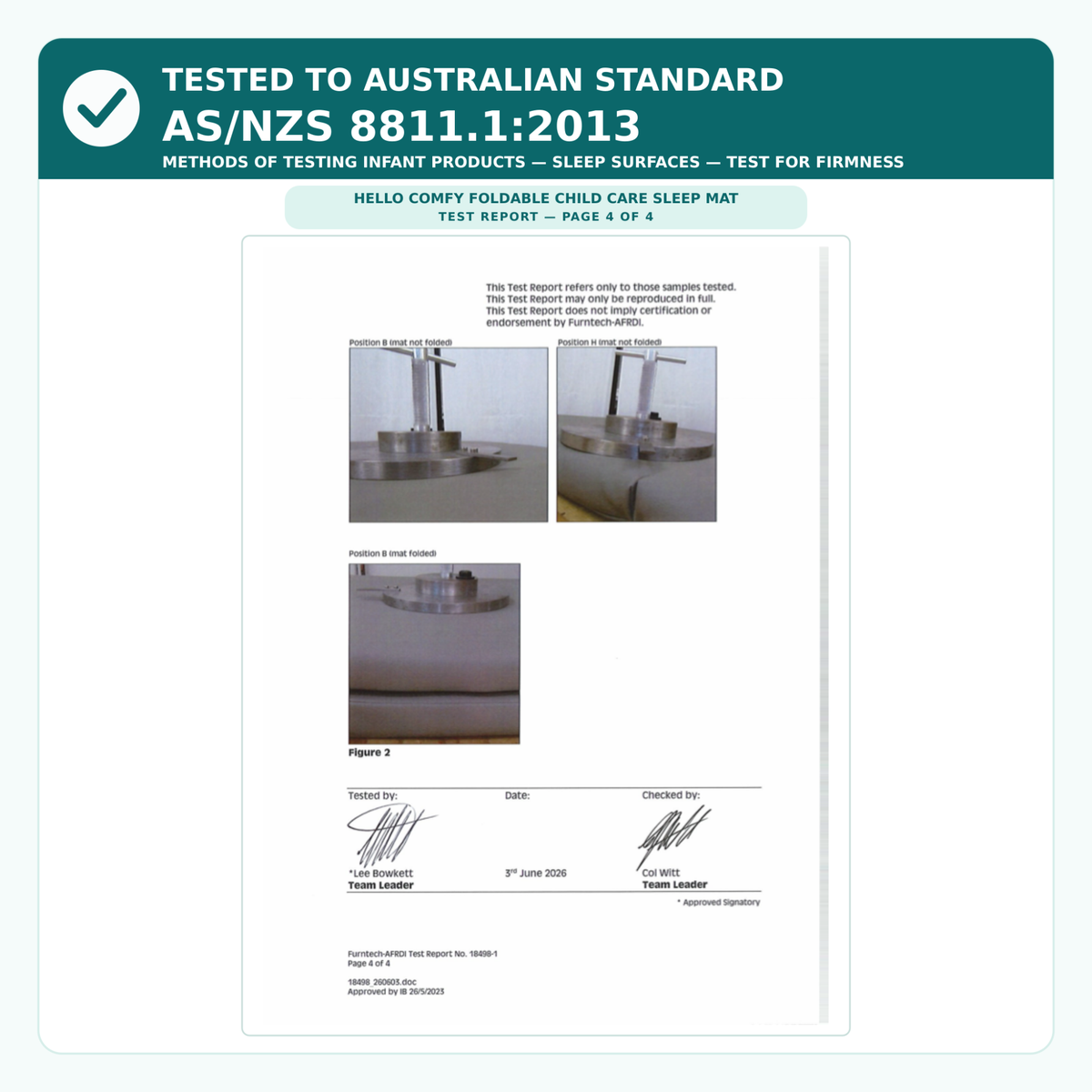 Independent safety test report for Hello Comfy Foldable Child Care Sleep Mat tested to AS/NZS 8811.1:2013 firmness standard